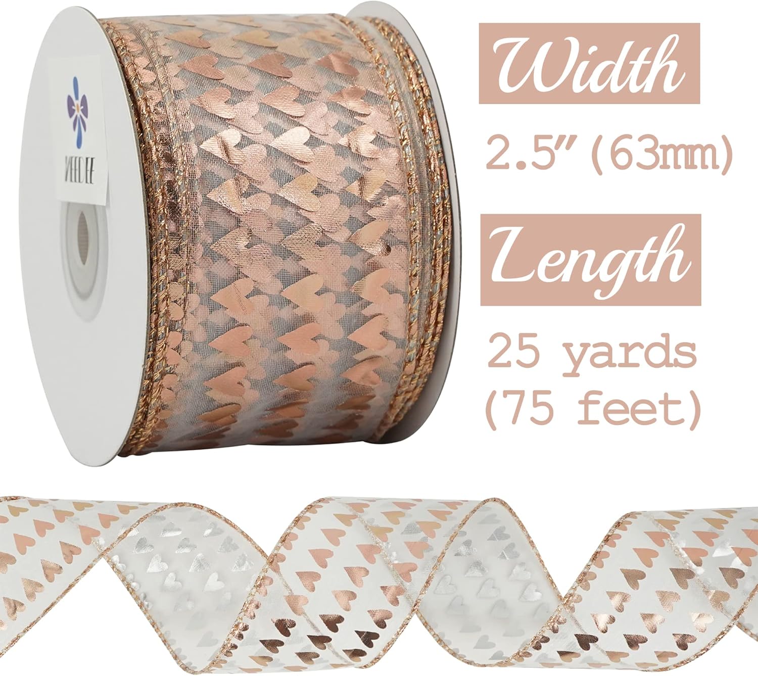 MEEDEE Heart Wired Ribbon - 2.5 Inch Rose Gold & Pink Sheer Organza Ribbon, 25 Yards Roll, Perfect for Valentine Bows & Decor - Crafty Corner