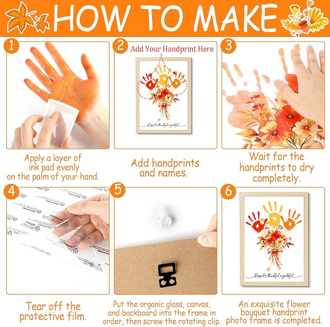 Fall Thanksgiving Flower Bouquet Handprint Art Craft DIY Kit Thanksgiving Day DIY Gifts Fall Thankful Family Handprint Art Keepsake with Wood Frame for Mom Dad Friend Holiday Birthday 12x16 Inch