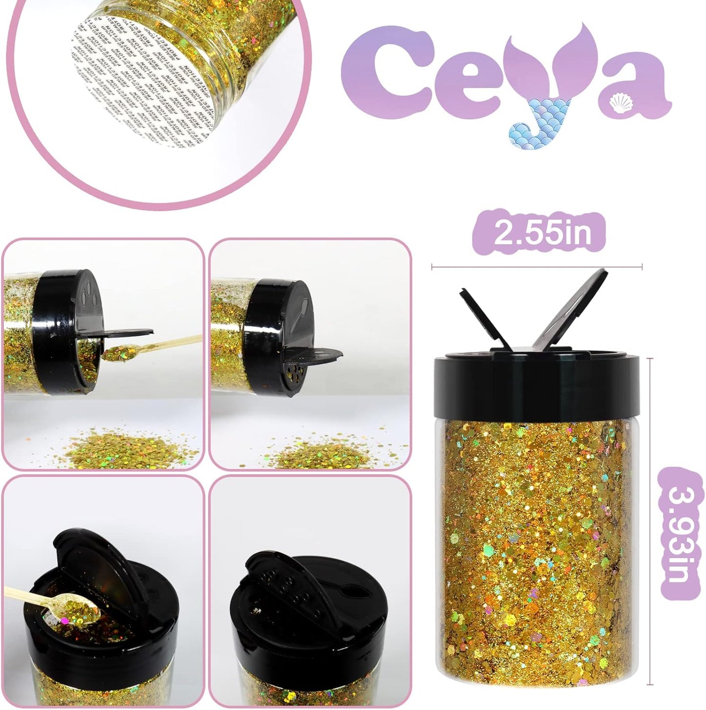 Ceya Holographic Chunky Glitter, 4.9oz/ 140g Lazurite Gold Craft Glitter Powder Mixed Fine Flakes Iridescent Nail Sequins for Nail Art, Hair, Epoxy Resin, Tumblers, Slime, Painting, Festival Decor