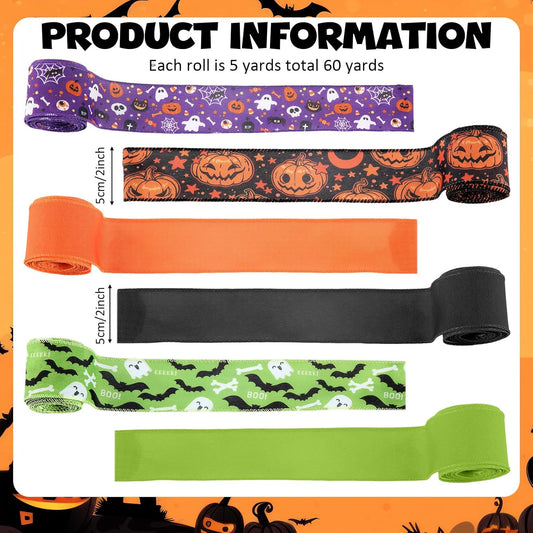12 Rolls Halloween Wired Edge Ribbon for Wreaths 2 Inch x 60 Yards Bat Spider Web Pumpkin Print Grosgrain Ribbon Ghost Witch Hat Crafts for Halloween Party Decorative Supplies, 12 Styles - Crafty Corner