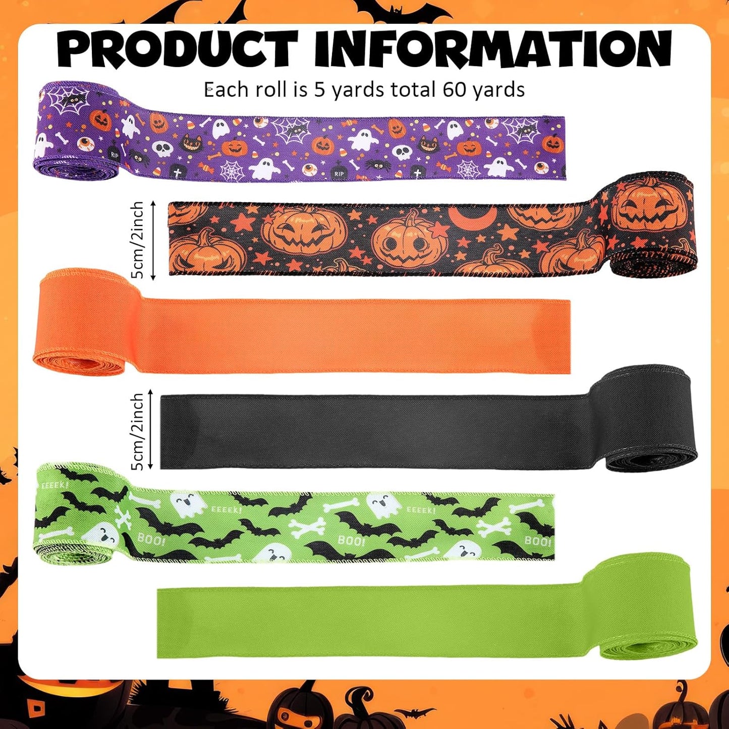 12 Rolls Halloween Wired Edge Ribbon for Wreaths 2 Inch x 60 Yards Bat Spider Web Pumpkin Print Grosgrain Ribbon Ghost Witch Hat Crafts for Halloween Party Decorative Supplies, 12 Styles - Crafty Corner