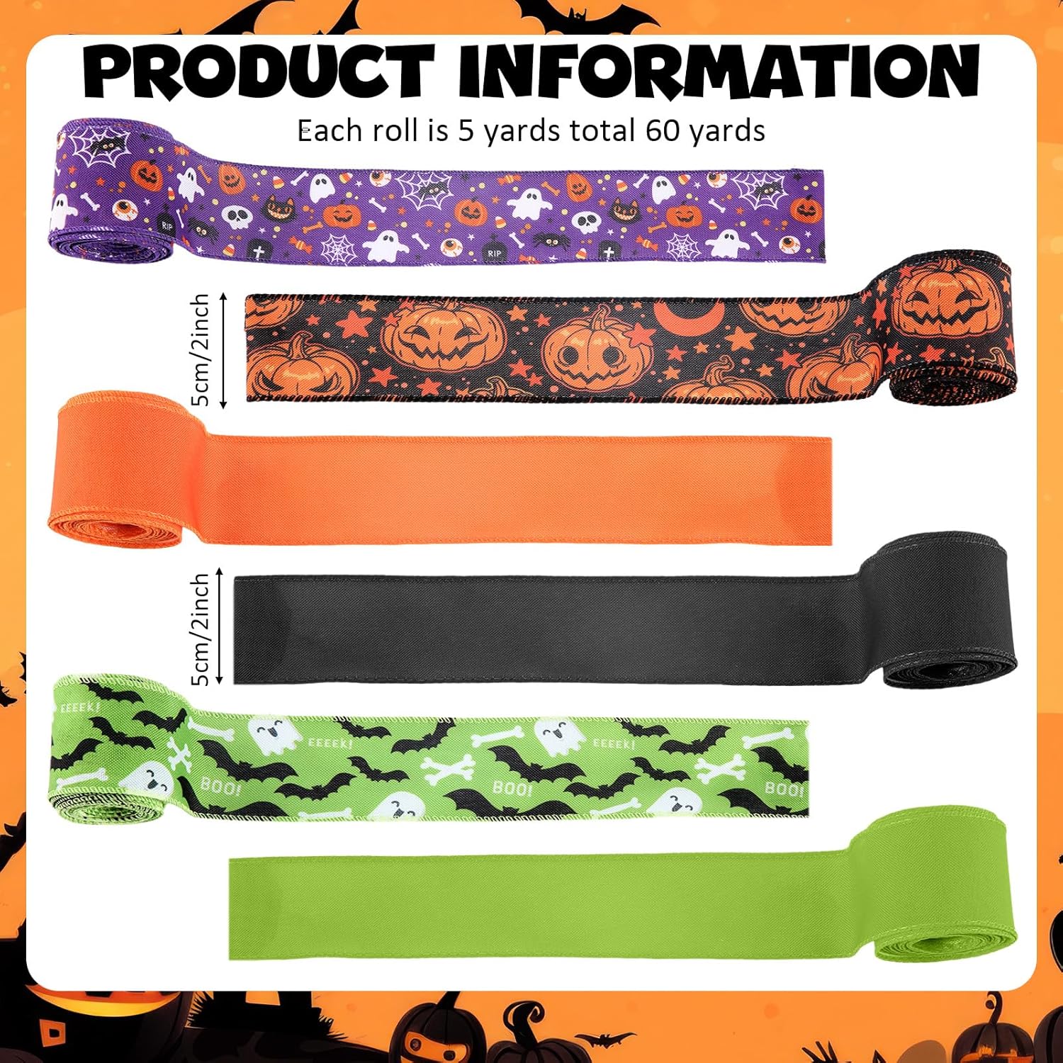 12 Rolls Halloween Wired Edge Ribbon for Wreaths 2 Inch x 60 Yards Bat Spider Web Pumpkin Print Grosgrain Ribbon Ghost Witch Hat Crafts for Halloween Party Decorative Supplies, 12 Styles - Crafty Corner