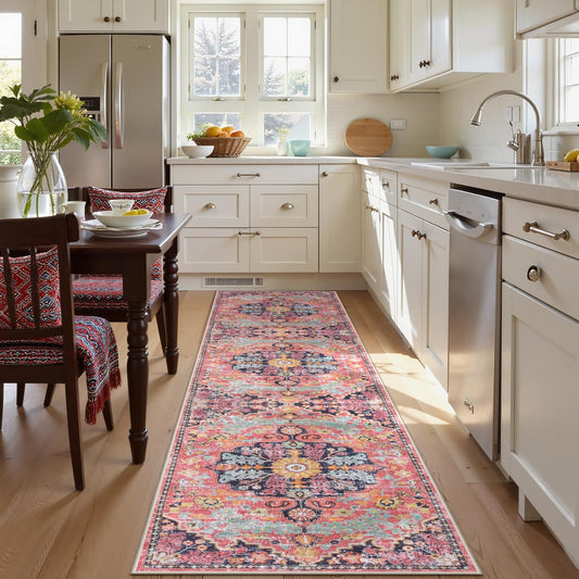 Lahome Boho 2'8"x10' Washable Hallway Kitchen Runner Rugs with Rubber Backing, Bohemian Non-Slip Soft Kitchen Runners, Non-Shedding Faux Wool Stair Carpet Runner for Hall Bathroom, Fuchsia/Multi