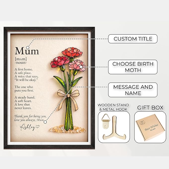vinatimes Personalized Birthday Gift for Women, Mom Birth Flower Frame, Custom Mum Definition Art Craft Family Keepsake, Gifts for Mothers Day, Grandma, Nana, Nini Gifts, Decorative Sign for Home
