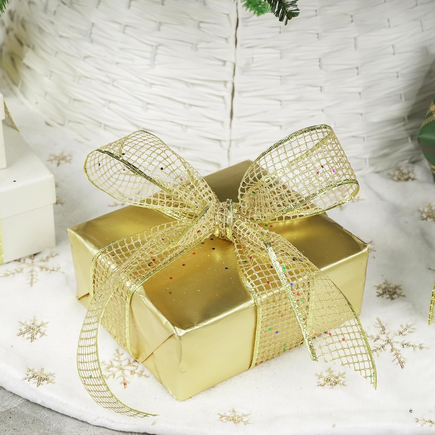 MEEDEE Gold Glitter Ribbon Gold Christmas Ribbon 2.5 Inch Square Mesh Net Wired Ribbon with Rainbow Sparkle Gold Wired Ribbon Gold Ribbon for Christmas Tree Decoration, Wreath Bow Making (10 Yards) - Crafty Corner