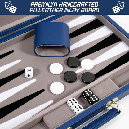 Froggod Travel Backgammon Sets for Adults – 15 Inch Premium Backgammon Set – PU Leather Case with Seamless Flocked Game Surface – Classic Board Games for 2 Player and Gift for Men(Dark Blue)