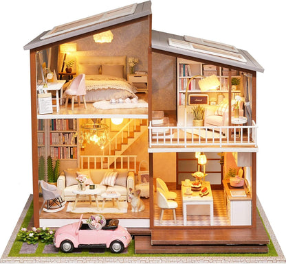 Spilay DIY Dollhouse Miniature with Wooden Furniture,DIY Dollhouse Kit Large Villa Model with LED Light & Music Box,1:24 Scale Creative Room Gift for Adult Teenager
