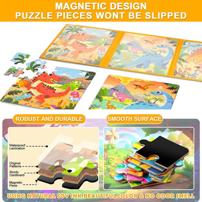 Magnetic Puzzles for Kids Ages 3-5, 3 in 1 Dinosaurs Magnetic Jigsaw Puzzle Book, Travel Puzzles Toys for Toddlers 3-8 Year (Dinosaur World)