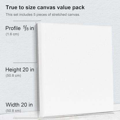 PHOENIX Large Stretched Canvas for Painting 20x20 Inch/5 Value Pack, 8 Oz Triple Primed 5/8 Inch Profile 100% Cotton White Blank Canvas, Square Framed Canvas for Oil Acrylic & Pouring Art