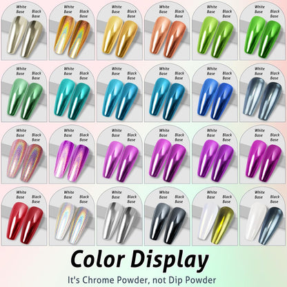 Gold Silver Chrome Nail Powder, 24 Colors White Pearl Unicorn Iridescent Holographic Nail Chrome Powder, Red Blue Green Black Purple Rose Gold Metallic Mirror Chrome Powder for Nails Glitter Pigment
