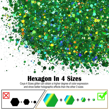 Ceya Holographic Chunky Glitter, 1 LB/ 16OZ Laser Green Bulk Craft Glitter Mixed Chunky Fine Glitter Bottled Metallic Flake Nail Sequins for Resin, Tumblers, Scrapbooking, Festival Decor, Art Project