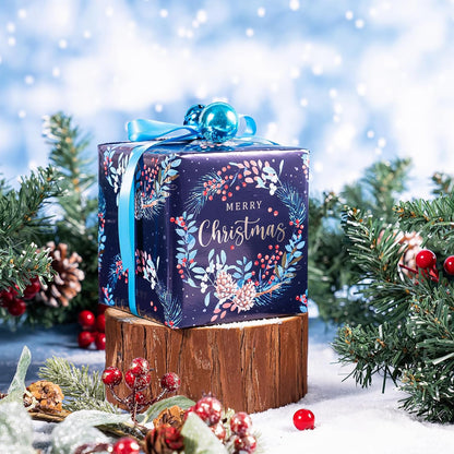 WRAPAHOLIC 30 Inch Christmas Wrapping Paper Roll - Jumbo Roll Drak Blue Bird, Christmas Garland and Snowflake Holiday Collection with Metallic Foil Shine - 4 Rolls - 30 Inch x 120 Inch Per Roll