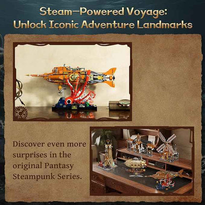 PANTASY Steampunk Nautilus Submarine Building Set, Modular 3-Section Design with Gear-Linked Propeller, Mini Boat & Undersea Adventure Scene, Retro Mechanical Collectible Model Kit for Adults