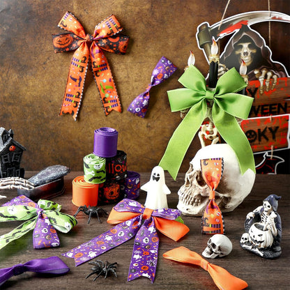 12 Rolls Halloween Wired Edge Ribbon for Wreaths 2 Inch x 60 Yards Bat Spider Web Pumpkin Print Grosgrain Ribbon Ghost Witch Hat Crafts for Halloween Party Decorative Supplies, 12 Styles - Crafty Corner