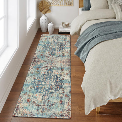 Lahome Bohemian Floral Medallion Runner Rug - 2x6 Hallway Laundry Rug Runner Washable Kitchen Sink Mat Distressed Turkish Non-Slip Soft Bedside Carpet for Doorway Bedroom, Vintage Teal/Multi