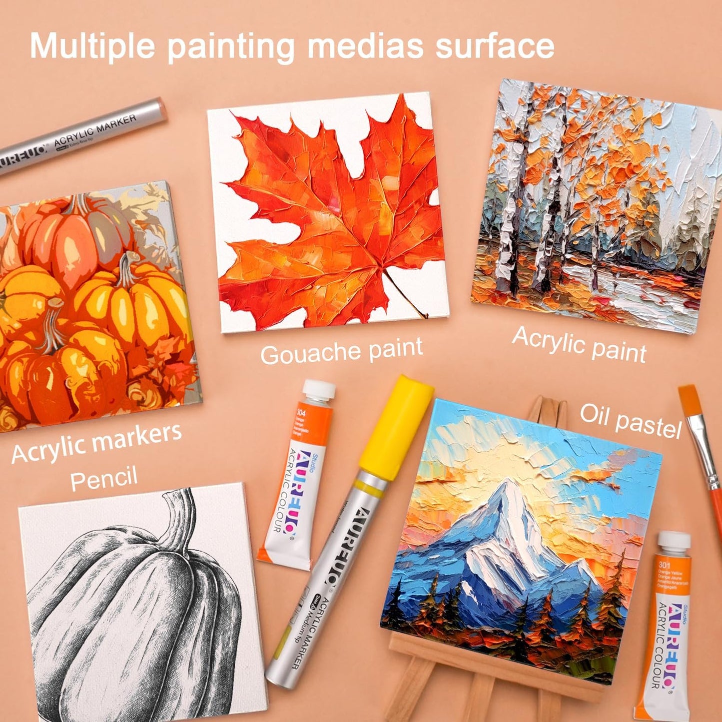 AUREUO Mini Canvas and Easel Set - 3x3 Inch/ 12 Pack - 2/5 Inch Profile Small Square Canvas with Display Stand - Art Gift Set Bulk Pack Canvases for Acrylic Painting & Craft