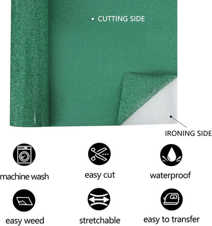 FUNKAKA Glitter Green HTV Heat Transfer Vinyl Rolls, 12" x 25ft PU Iron on Vinyl for T-Shirt Green Glitter HTV Vinyl for All Cutter Machines Easy to Cut & Weed for Heat Vinyl Design