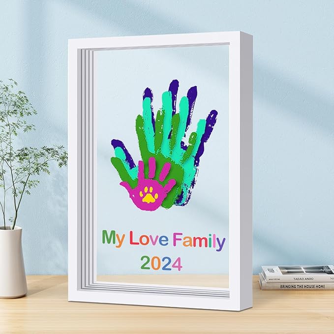 Family Handprint Kit DIY Craft Keepsake Wooden Frame Non Toxic Paints Transparent Sheets Perfect for Handprints Prints and Footprints Endless Present Set for New Parents and Family Memories (White)