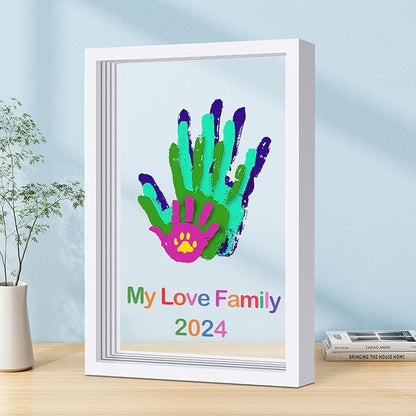 Family Handprint Kit DIY Craft Keepsake Wooden Frame Non Toxic Paints Transparent Sheets Perfect for Handprints Prints and Footprints Endless Present Set for New Parents and Family Memories (White)