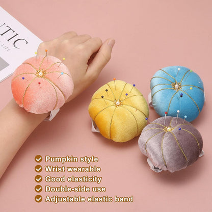 HARFINGTON Wrist Pin Cushion Wristband Sewing Pincushion Polyester Pin Holder Wearable Pumpkin Shaped Needles Wristband with 100 Head Needles for Sewing Quilting DIY Crafts, Yellow