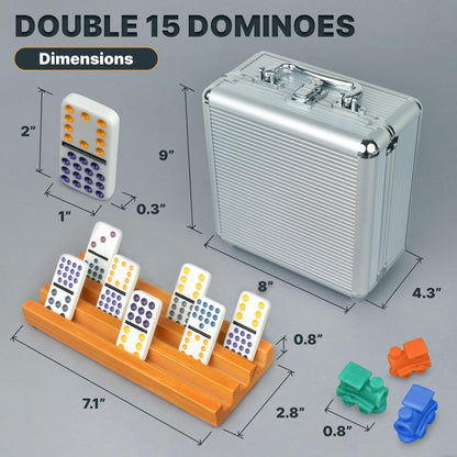 Queensell Mexican Train Dominoes Set Double 15 with 8 Holders - Wooden Hub and Tiles Holders - Double 15 with Dots (D15 + 8 Holders)