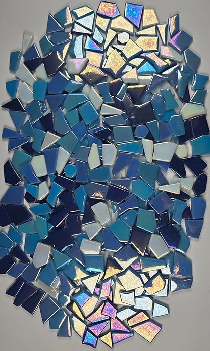 Irregular Glass Mosaic Tiles Bulk 500g Glossy and Iridescent Mosaic Glass Tiles for DIY Projects and Arts and Crafts Solid Colors and Mixes (Iridescent Dark Blue, Periwinkle & Sky Blue Mix)