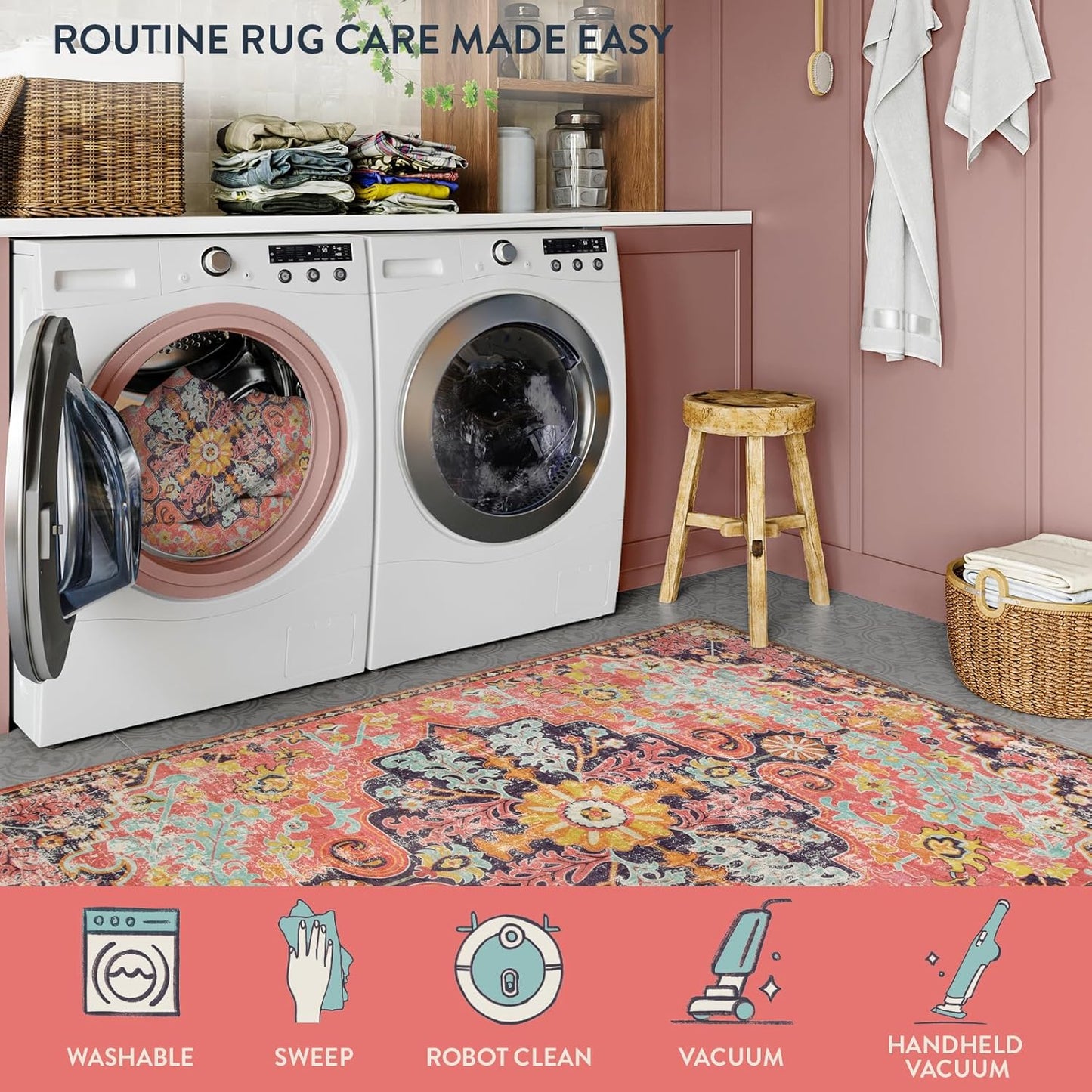 Lahome Bohemian Washable Runner Rugs with Rubber Backing, 2x7 Runners for Hallways, Vintage Floral Soft Non Slip Non-Shedding Faux Wool Stair Carpet Runner for Bathroom Kitchen Laundry, Fuchsia/Multi