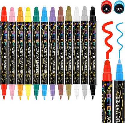 Betem 12 Colors Dual Tip Acrylic Paint Pens Markers, Premium Acrylic Paint Pens for Halloween Decorations, Wood, Canvas, Stone, Rock Painting, Glass, Ceramic Surfaces, Pumpkin Painting Kit DIY Crafts