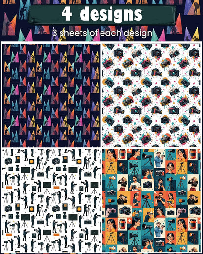Pineraap 12 Sheets Photographer Wrapping Paper, Photography Gift Wrap Paper with Equipment, Camera, Photos & Scenes, Folded Flat Art Paper for Birthday DIY Crafts, 19.7 x 27.6 Inch (B)