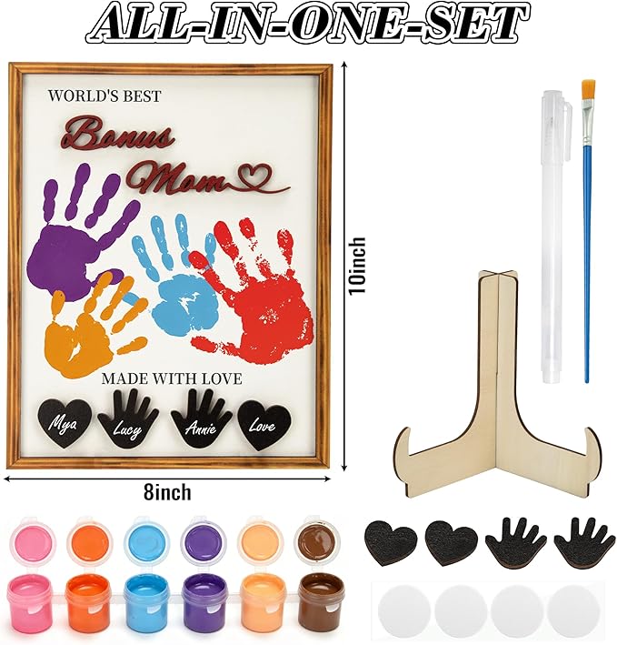 Bonus Mom Gifts DIY Handprint Kit Personalized Keepsake Frame, Gifts for Stepmom Step Mother Christmas Birthday Mother Gift, Bonus Mom Gift from Daughter Son Family Craft