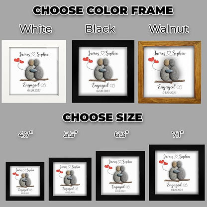 Personalized Engagement Pebble Art Frame for Couple, Custom Names and Date Engaged Sign with Keychain & Card, Newly Engaged Gift Idea, Romantic Engagement Gift Keepsake, Anniversary Couple Décor