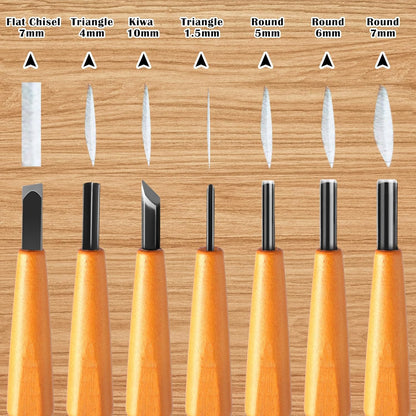 Lasnten 7 Pcs Wood Pumpkin Carving Tools Set Linoleum Hand Wood Knife Chisels Flat V-shaped Half Round Angled Gouge Carving Kit for DIY Linocut Printmaking Woodblock
