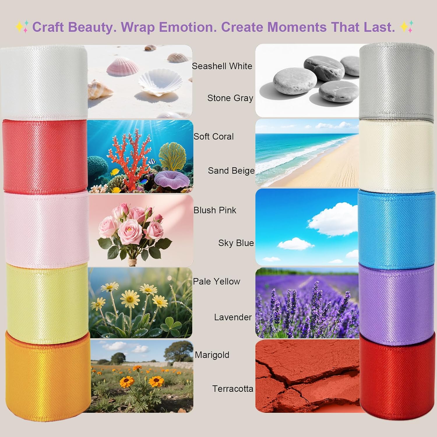1-1/2 Inch Double-Faced Satin Ribbon 50 Yards Set,“Morning Meadow”–10 Nature Colored Ribbon Bulk for Gift Wrapping, Crafts, Flower Bouquet, Easter, Wedding, Party Decor, Teacher Kids, Hair & Bows - Crafty Corner