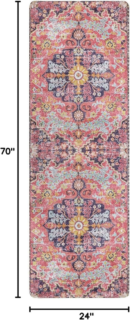 Lahome Bohemian Floral Medallion Runner Rug - 2x6 Hot Pink Hallway Runner Laundry Mat, Machine Washable Non-Slip Soft Indoor Carpet for Bathroom Bedside Basement Camper Home Decor, Fuchsia/Multi