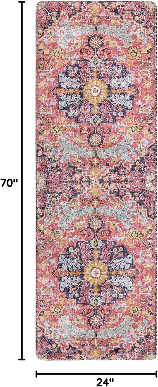 Lahome Bohemian Floral Medallion Runner Rug - 2x6 Hot Pink Hallway Runner Laundry Mat, Machine Washable Non-Slip Soft Indoor Carpet for Bathroom Bedside Basement Camper Home Decor, Fuchsia/Multi