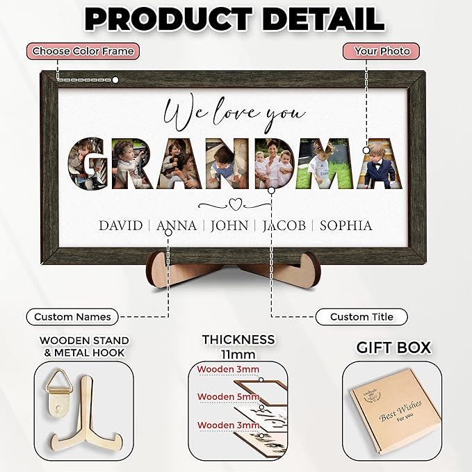 vinatimes Personalized Mom Birthday Gifts from Daughter Son, Photo Decorative Sign Mothers Day Presents for Moms, Grandma, Nana, Best Mom Ever Gifts, Family Picture Frame for Table, Wall