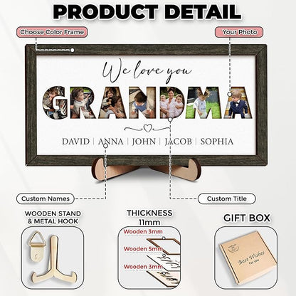vinatimes Personalized Mom Birthday Gifts from Daughter Son, Photo Decorative Sign Mothers Day Presents for Moms, Grandma, Nana, Best Mom Ever Gifts, Family Picture Frame for Table, Wall