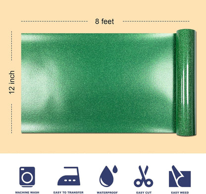 Christmas Green Glitter HTV Heat Transfer Vinyl, 12" x 8ft lron on Vinyl, for T-Shirt Ironing, Vinyl HTV Easy to Cut and Weed, The Best Choice for DIY Creativity. (Greener, 12" x 8ft)