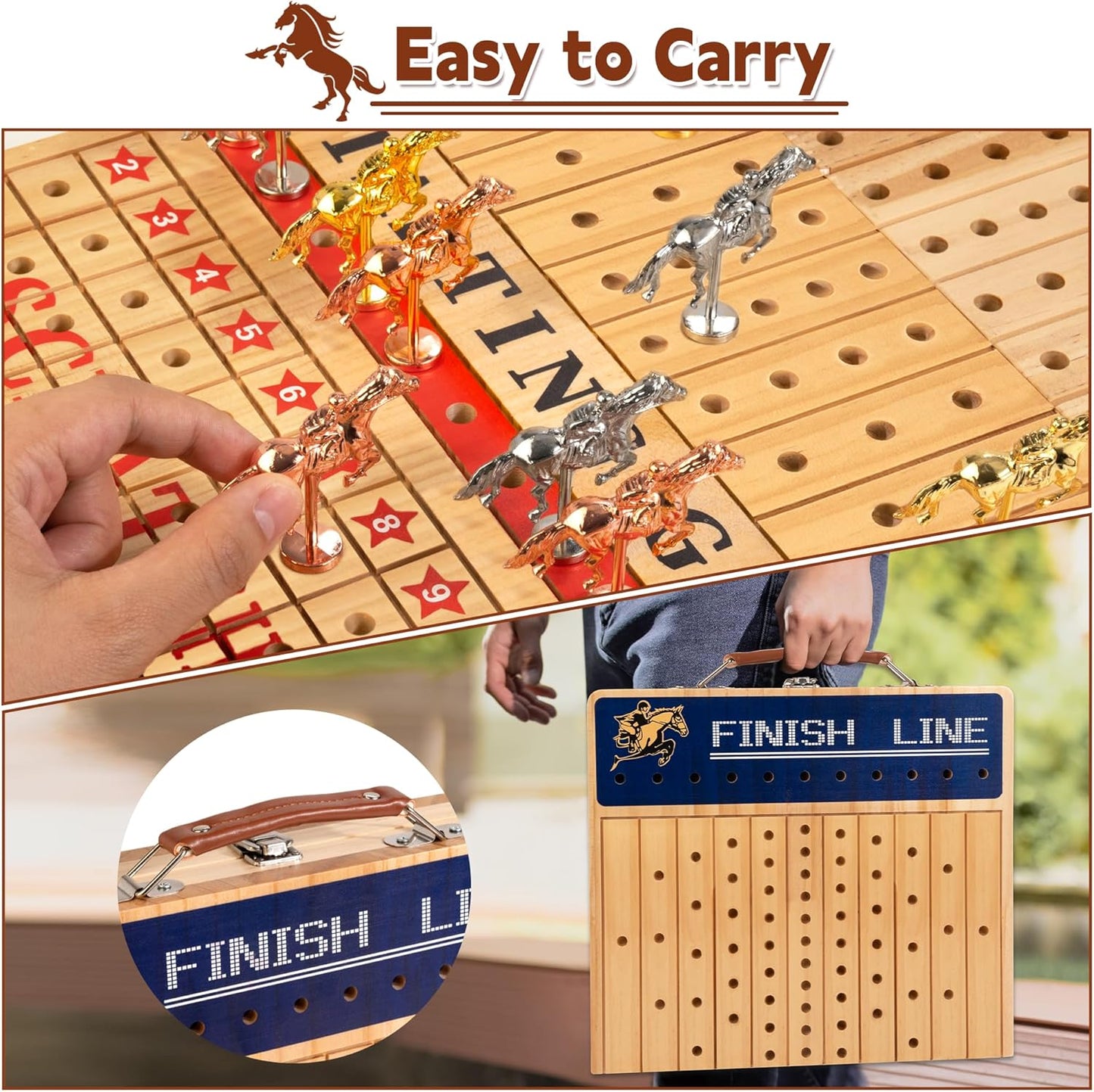 Bravmate Large 21 Inches Horse Race Board Game, Solid Wood Foldable Horse Racing Game with 11 Luxury Metal Horses, 2 Wooden Dice, 2 Boxes of Cards, 80 Chips for Parties