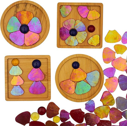 Yuvori Iridescent Flower Mosaic Tiles – 12pcs Mixed Sizes, 5-Petal Iridescent Mica Flowers with Center Beads for DIY Mosaic Art, Fairy Garden, Home Craft, Outdoor Decor (Iridescent Orange)