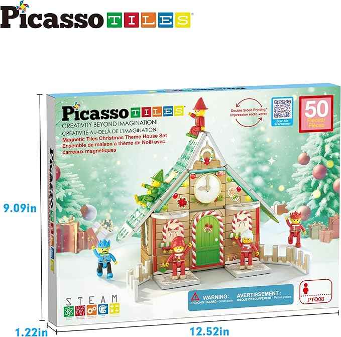 PicassoTiles Magnetic Tile Christmas Holidays Cottage Building Set with Santa Elves Nutcracker 6 Character Figures STEM Educational Construction Toy Winter Magnet Block Gift for Kids Age 3 Plus PTQ08