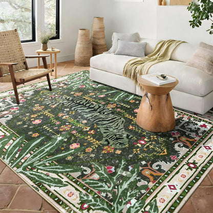 Oriental Tropical Washable Rugs, Greyish Green Boho Vintage Hippie 5x7 Area Rugs for Living Room Bedroom Kitchen Entryway Dorm, Abstract Botanical Animal Tribal Indian Accent Carpet