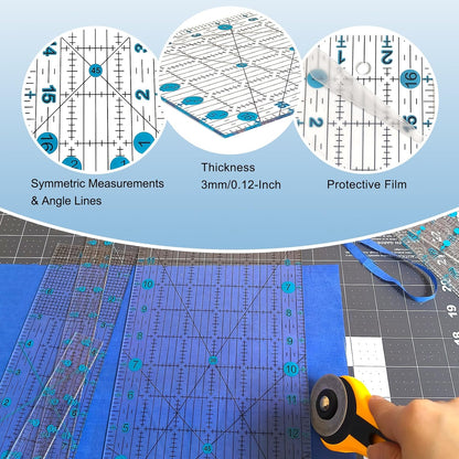 Quilting Ruler, 8 Piece Acrylic Quilting Templates, Sewing Ruler, Fabric Cutting Ruler with Non-Slip Rings, Quilting and Sewing (6"x17", 3"x17", 2"x16", 1.5"x12", 1"x12", 1"x6", 8"x3") (Blue)
