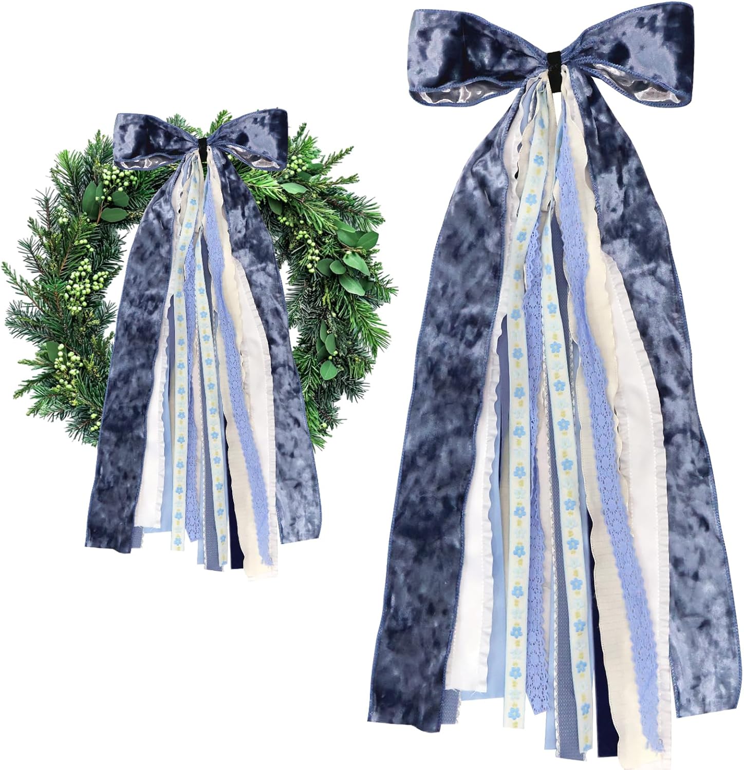 Large Blue Velvet Ribbon Bow for Wreath, Vintage Solid Fabric Ribbons Set Assorted Lace Ribbons Blue White Clip-On Wreath Sash Ribbon Bundle for Winter Christmas Home Indoor Outdoor Decor - Crafty Corner