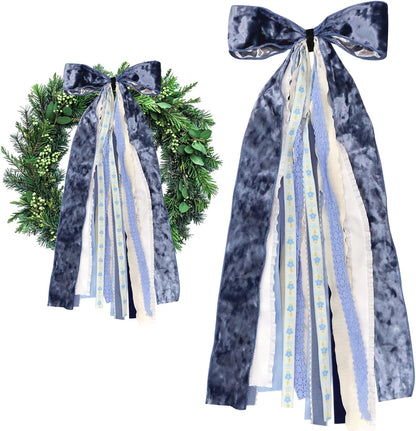 Large Blue Velvet Ribbon Bow for Wreath, Vintage Solid Fabric Ribbons Set Assorted Lace Ribbons Blue White Clip-On Wreath Sash Ribbon Bundle for Winter Christmas Home Indoor Outdoor Decor - Crafty Corner