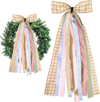 Large Fall Ribbons Bow for Wreath, Orange White Buffalo Plaid Fabric Ribbons Set Assorted Lace Ribbon Blue Pink Clip-On Wreath Sash Ribbon Bundle for Fall Thanksgiving Home Indoor Outdoor Decor - Crafty Corner