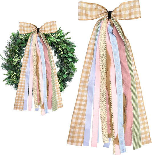 Large Fall Ribbons Bow for Wreath, Orange White Buffalo Plaid Fabric Ribbons Set Assorted Lace Ribbon Blue Pink Clip-On Wreath Sash Ribbon Bundle for Fall Thanksgiving Home Indoor Outdoor Decor - Crafty Corner