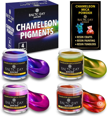 BALTIC DAY - Chameleon Mica Powder, 4 Jars of Color Shift Mica Powder Set - Epoxy Resin Color Pigment Powder - Chameleon Powder - Holographic Mica Powder