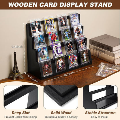 Emfogo Card Display Stand, 4-Tier Trading Card Display, Wooden Graded Baseball Sports Card Display, Trading Card Display Case for Card Collection & Show (Black)