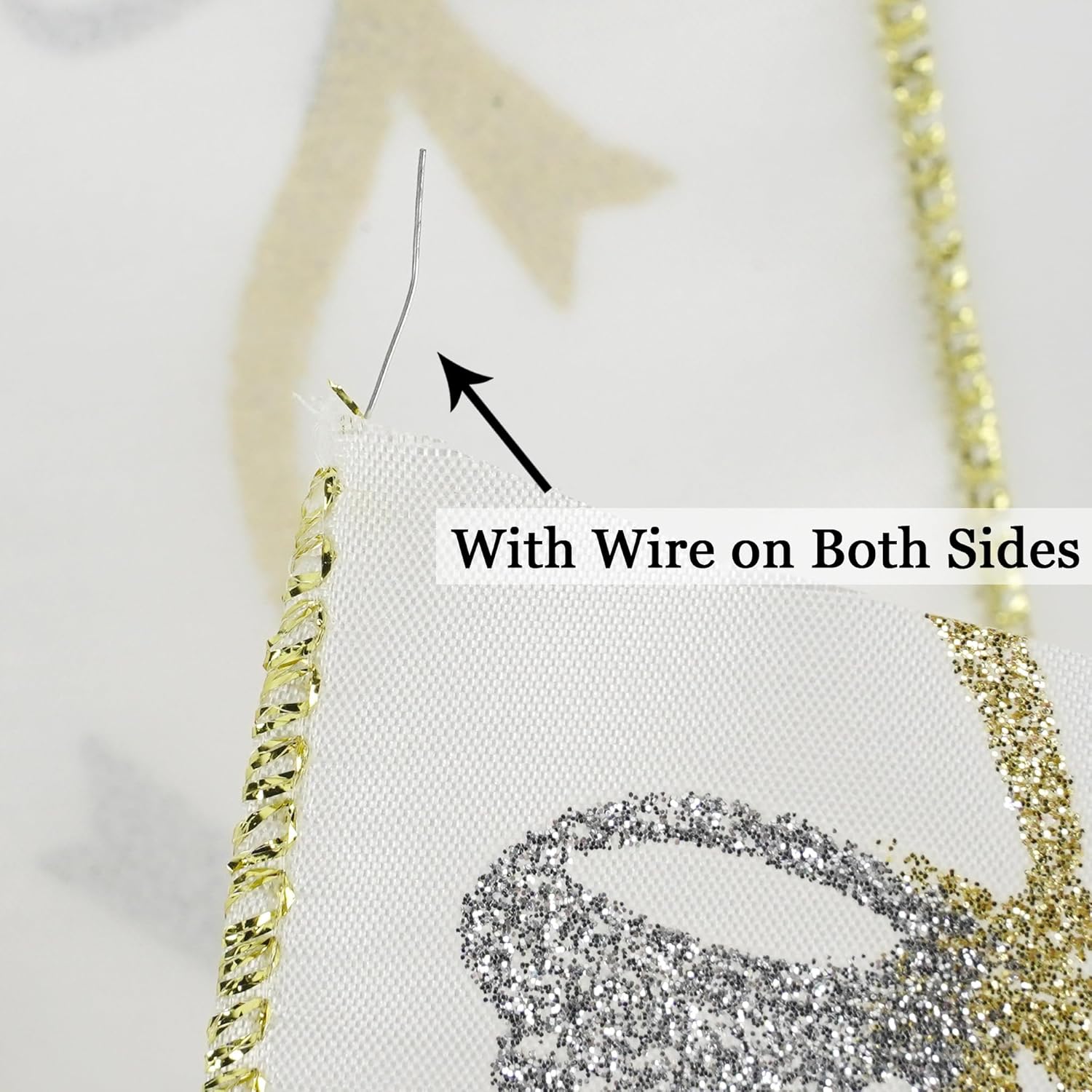 MEEDEE Gold & Silver Christmas Ribbon - 2.5 Inch White Satin with Glittery Bows Pattern - 10 Yards Wired Ribbon for Tree, Garlands & Toppers - Crafty Corner